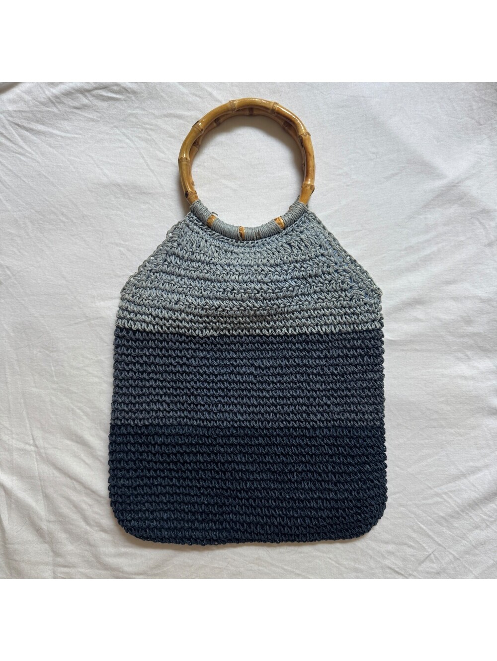 Vtg Style Boho Blue Crochet Woven Straw Purse Bamboo Handles Bag Coastal Beach